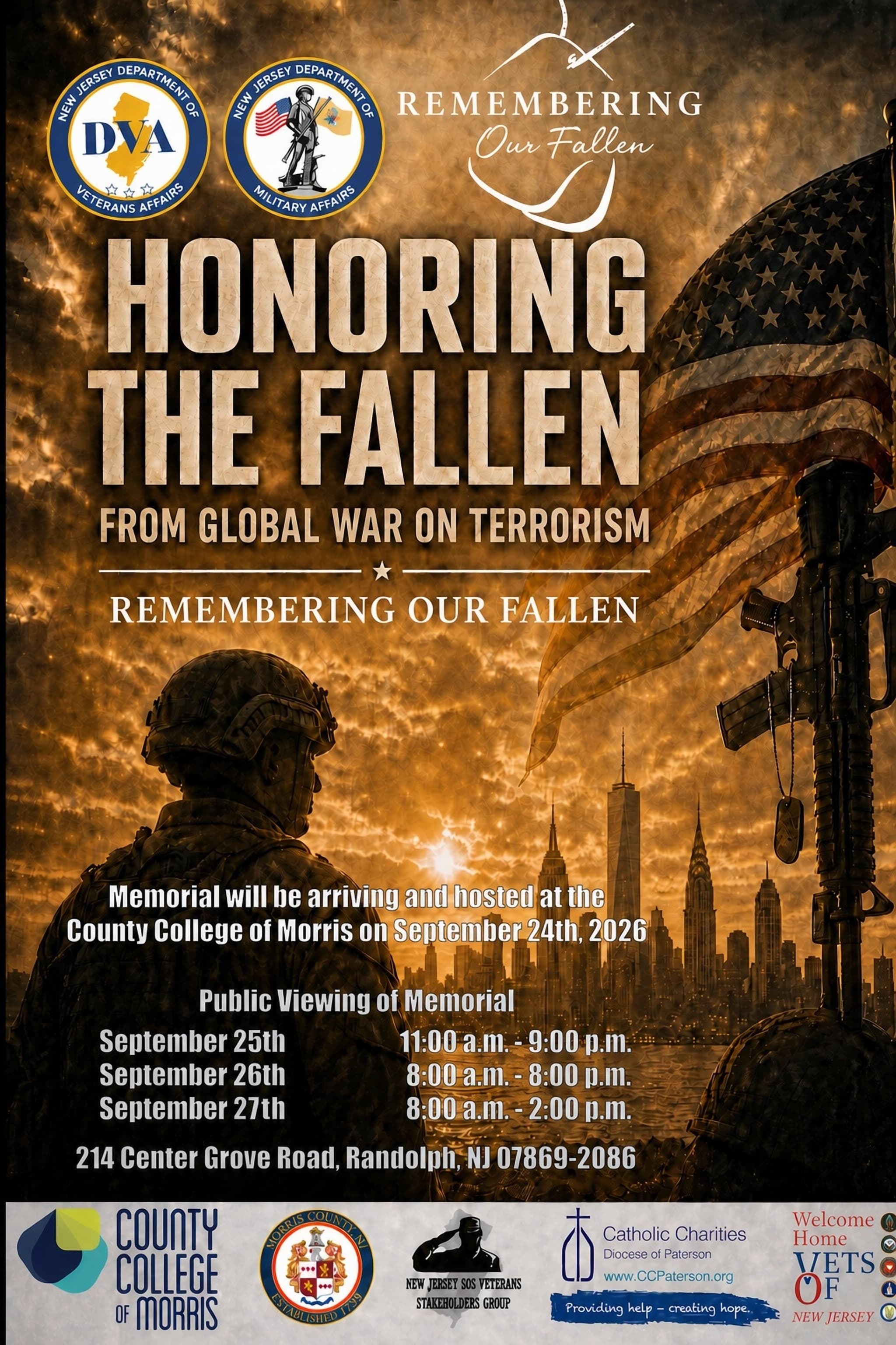 Remembering Our Fallen memorial public viewing flyer for September 25 through 27, 2026 at County College of Morris